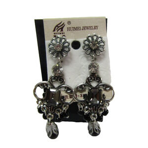 Huimei Black Geometric Silver Rhineston Bead Dangly Earrings Boho Festive Party